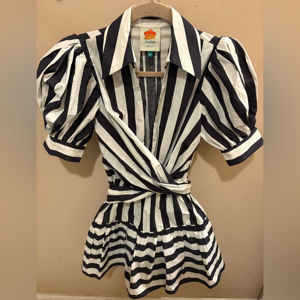 NWOT FARM Rio Mixed Stripes Black & White Short Sleeve Mini Dress Women’s XXS - Picture 13 of 16